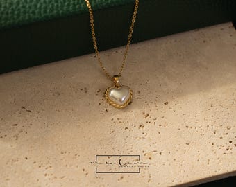 Heart Pearl Necklace: 18K Gold Filled Pendant, Freshwater Pearl Jewelry, Anniversary gift