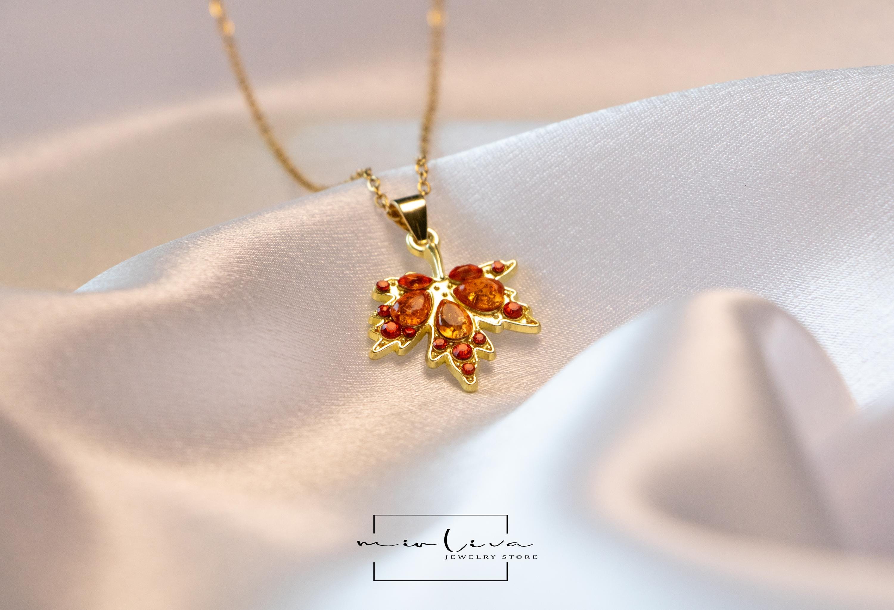 Gold Maple Leaf Necklace: Cubic Zirconia Botanical Pendant