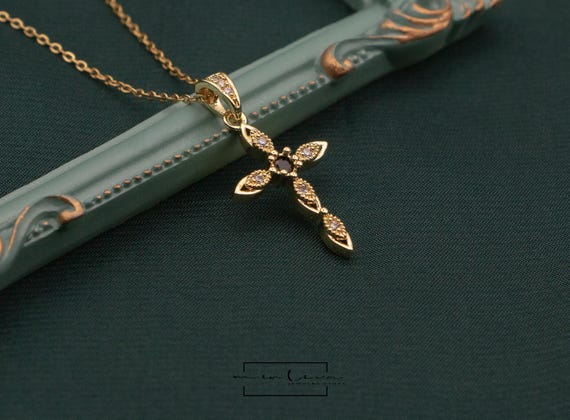 Gold Plated Cross Pendant Necklace: Black Onyx & CZ Stones, Christian Pendant for Gift