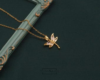 14k Gold Plated Dragonfly Necklace - Diamond Dragonfly Pendant Jewelry - Good Luck Charm Gift