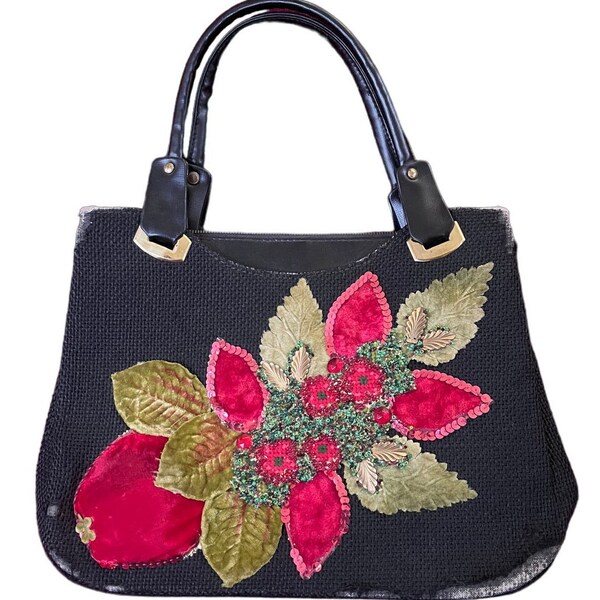 Hand Decorated by Caron of Houston, TX Vintage Handbag with Velvet, Sequins and Jeweled Design