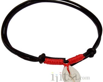 Dark brown leather, red hemp with Cowry shell adjustable necklace