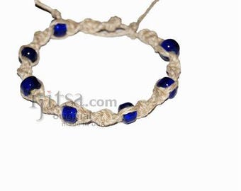 Natural twisted hemp bracelet or anklet with transparent blue glass beads