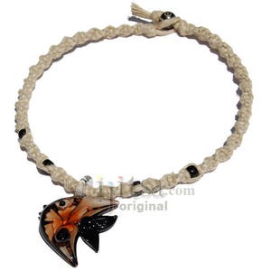 Natural twisted hemp, black/red fish glass pendant surfer style choker necklace