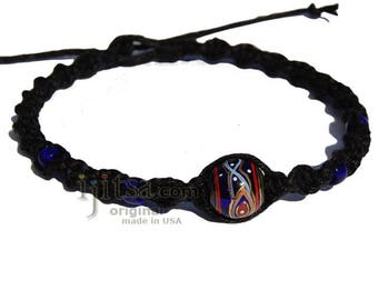 Black twisted hemp bracelet or anklet with round blue glass bead