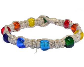 Natural flat  hemp bracelet or anklet with rainbow glass beads throughout, pride, LGBT