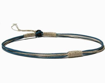 Round blue leather & hemp surfer style necklace