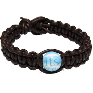 Brown matte flat leather bracelet or anklet with one opalene bead