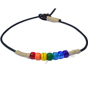 Dark brown leather and hemp necklace with rainbow glass beads, pride, LGBT