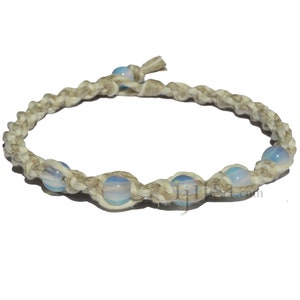 Natural and white twisted wide hemp necklace with five opaline beads