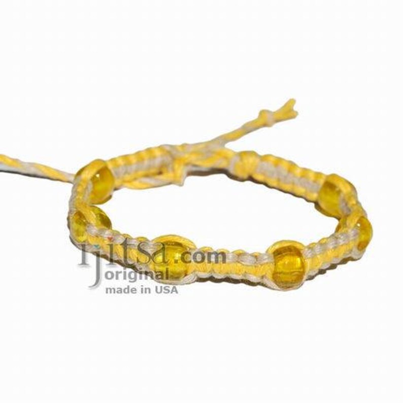 Yellow and natural flat hemp bracelet or anklet with yellow glass beads image 1