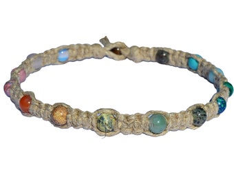 Natural thick wide flat hemp necklace with mixed gemstone beads throughout