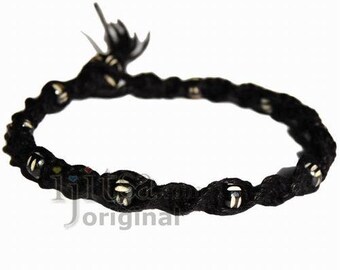 Black twisted hemp bracelet or anklet with small black bone beads throughout