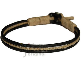 Round Black matte leather & hemp bracelet or anklet