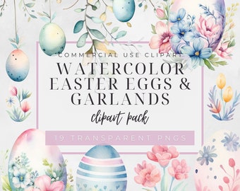Watercolor Pastel Easter Eggs and Garlands, Boho Easter, Clipart, transparent PNG