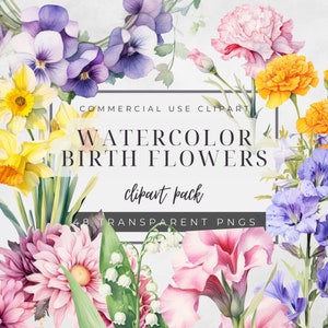 Clipart fleur de naissance, aquarelle de fleurs 48 PNG, couronne, guirlande, usage commercial, produit d'impression de fleurs bricolage, fond transparent
