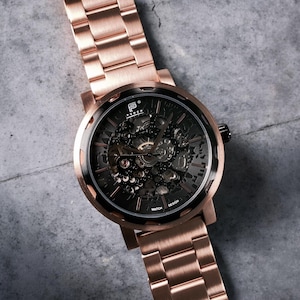Watches for Men, Rose Gold Luxury Skeleton Automatic Watch l Full Stainless Steel Design l Personalise with our quick release watch bands
