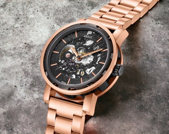 Reloj de lujo para hombre en oro rosa y negro, esfera esquelética, automático, joyería en oro rosa