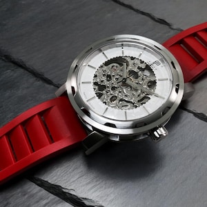 Men&#39;s Silver Skeleton Watch - Silver Case, Red Rubber Strap, Automatic Mechanical Watch, Gift for Him, Modern Stylish Men&#39;s Accessory