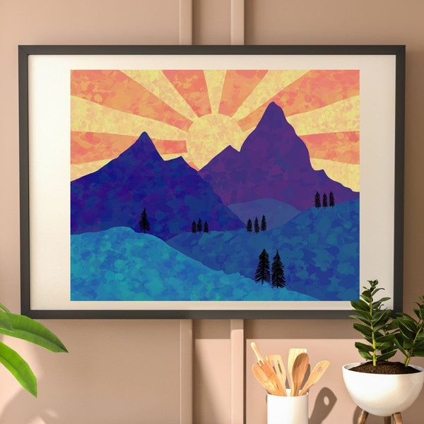 Colorful Mountain Art with Sunrise (Digital Download) Abstract Design Modern Nature Landscape