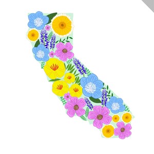 California State Floral Print (Digital Download) State Outline, Wildflowers, Art