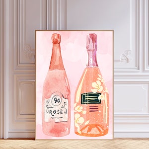 Rosé, rose bottles, pink drinks, rosé all day, pink wall art, bar cart wall art print, wall art print, aesthetic art, girly art, cute print