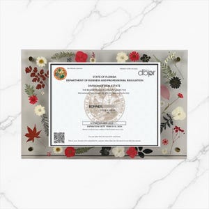 May include: A framed document from the State of Florida, decorated with pressed flowers and greenery. The document is in a clear acrylic frame with silver hardware. The text on the document includes "STATE OF FLORIDA" and "BONNER".