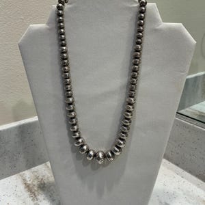 Navajo Pearls, Flower Etched, Graduated Beads, Sterling Silver Necklace