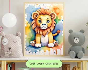 Nursery Wall Art Toy Lion Painting Print | White Frame | Kid's Room Art | Framed Art | Kid's Room Decor | Watercolor Star Wall Art |