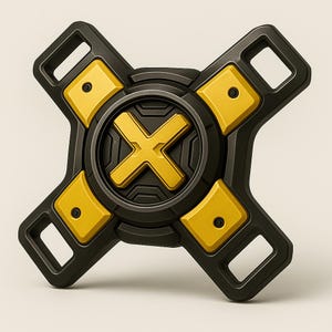 May include: A black and yellow fidget spinner with a cross design in the center. The spinner has four arms with yellow squares and a black border. The center features a yellow cross design.