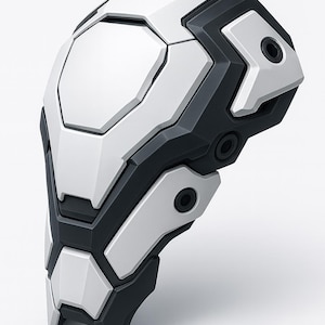 May include: A futuristic-looking, angular object with a white and black color scheme. The design features a series of geometric shapes and panels, with a central white section surrounded by black accents. The object has a smooth, matte finish.
