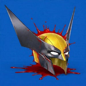 May include: A stylized Wolverine helmet in yellow and gray, with sharp, angular features and long, pointed ears. Red blood-like splatters surround the helmet against a blue background. The helmet's design is reminiscent of a comic book.