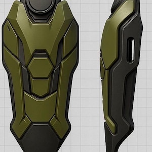 May include: A two-piece, olive green and black, futuristic-looking armor component. The front view shows a shield-like shape with geometric details. The side view reveals a curved design with a vertical slot. The object is set against a grid background.