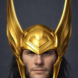 May include: A golden helmet with large, stylized wings. The helmet is highly detailed, with a metallic sheen. The person wearing the helmet has long, dark hair and a beard. The background is a dark gray.