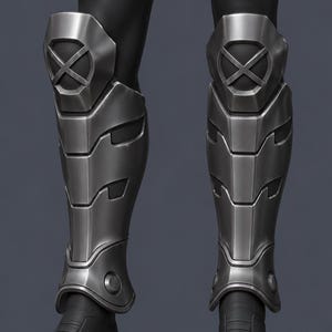 May include: A pair of metallic silver shin guards featuring a raised X emblem on the knee section. The armor plates are segmented with a smooth finish and are worn over black leggings and black boots, extending from the knee down to the ankle.