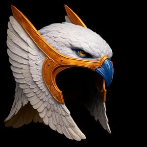 May include: A detailed sculpture of a bird's head with white feathers, a blue beak, and yellow eyes. The head is adorned with gold-colored metal accents. The sculpture has a regal and fantasy theme.