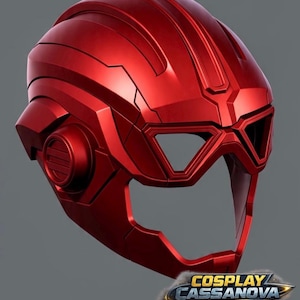 May include: A metallic red full-head helmet featuring a smooth, segmented design with angular eye openings and circular side ear details. The helmet has a prominent central ridge and a chin guard. The text Cosplay Cassanova is visible at the bottom.