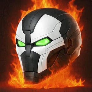 Puede incluir: Un casco negro y blanco con lentes oculares verdes brillantes, rodeado de llamas. El casco presenta un diseño distintivo con elementos angulares y una placa frontal blanca. Las llamas crean un fondo dramático y ardiente, realzando la audaz apariencia del casco.