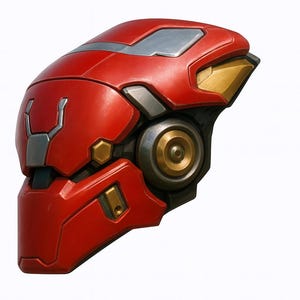 May include: A red and metallic helmet with silver and gold accents. The helmet has a futuristic design with a circular element on the side. The overall aesthetic suggests a science fiction or cosplay theme.