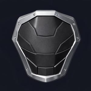 May include: A metallic shield with a black, textured center and a silver, riveted border. The shield has a geometric design with angular shapes and a slightly curved form, suggesting a futuristic or fantasy theme.