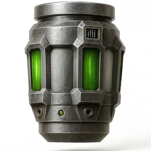 May include: A cylindrical, metallic container with a futuristic design. The container has a dark gray finish with geometric panels and rectangular green glowing sections. It features a top and bottom cap, and small circular details.