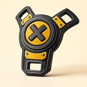 May include: A black and yellow device with a circular center featuring a black cross on a yellow background. The device has a unique shape with three arms and rectangular cutouts, and is set against a light beige backdrop.