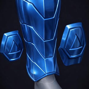 May include: A set of blue metallic armor, including leg and ankle guards, with a geometric design. The armor is a vibrant blue color and has a reflective surface. Two additional shield-shaped pieces are also visible.