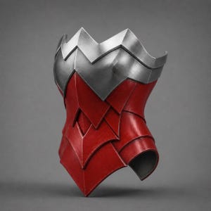 May include: A rigid torso armor piece featuring a metallic silver chest plate with a pointed, chevron-style neckline. The lower section consists of layered, overlapping red plates that create a segmented, scale-like appearance across the midsection.