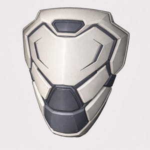 May include: A futuristic, white and gray shield with a geometric design. The shield has a central, angular shape with dark gray accents and riveted details, suggesting a high-tech or sci-fi aesthetic.