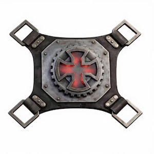 May include: A square, industrial-style metal plate with a red cross design at the center. The cross is surrounded by a gear-like shape. The plate has four corner straps with square buckles. The color scheme is primarily gray, black, and red.