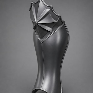 May include: A matte dark gray greave armor piece featuring a curved, contoured design with a prominent, raised star-shaped plate at the top. The metal plating has smooth, clean lines and a reinforced border edge, providing a structured, protective appearance.