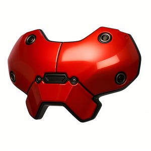May include: A glossy red chest armor piece with black trim and several circular details. The design is symmetrical, with a central ridge and angular lower section. The armor appears to be made of a hard, durable material.