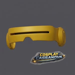 May include: A yellow visor with a horizontal slit across the front and circular side panels. Below the visor is a logo featuring the text COSPLAY CASSANOVA in a stylized font with a metallic blue and yellow gradient finish.