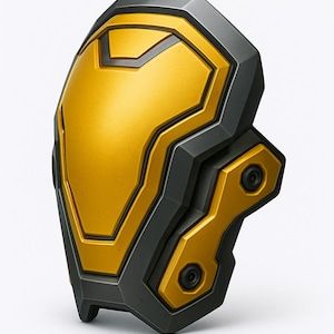 May include: A futuristic-looking, two-tone shield with a gold-colored center and dark gray edges. The shield has a geometric design with angular shapes and two circular details on the side. The overall aesthetic suggests a sci-fi or cosplay theme.